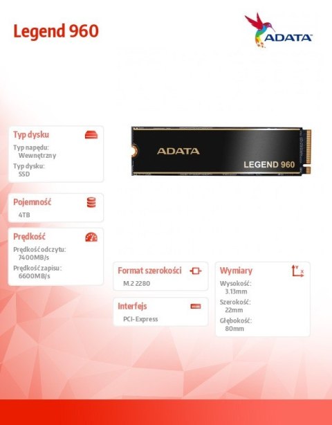Adata Dysk SSD Legend 960 4TB PCIe 4x4 7.4/6.6 GB/s M2