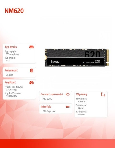 Lexar Dysk SSD NM620 256GB NVMe M.2 2280 3300/1300MB/s Lexar Dysk SSD NM620 256GB NVMe M.2 2280 3300/1300MB/s