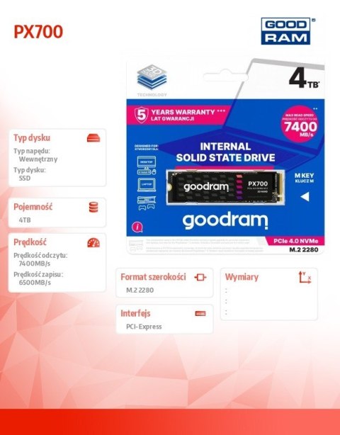 GOODRAM Dysk SSD PX700 4TB M.2 PCIe 2280 4x4 7400/6500MB/s GOODRAM Dysk SSD PX700 4TB M.2 PCIe 2280 4x4 7400/6500MB/s