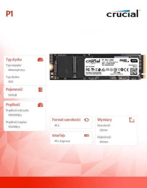 Crucial Dysk SSD P1 500GB M.2 PCIe NVMe 2280 1900/950MB/s Crucial Dysk SSD P1 500GB M.2 PCIe NVMe 2280 1900/950MB/s