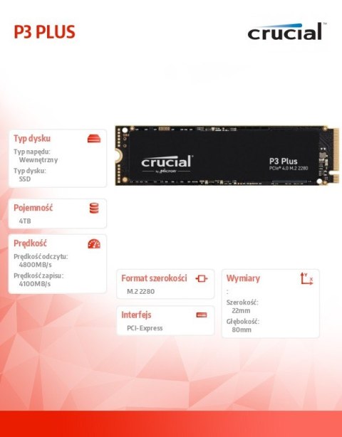 Crucial Dysk SSD P3 PLUS 4TB M.2 NVMe 2280 PCIe 4.0 4800/4100