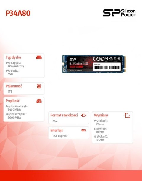 Silicon Power Dysk SSD P34A80 1TB PCIe M.2 NVMe 3400/3000 MB/s Silicon Power Dysk SSD P34A80 1TB PCIe M.2 NVMe 3400/3000 MB/s