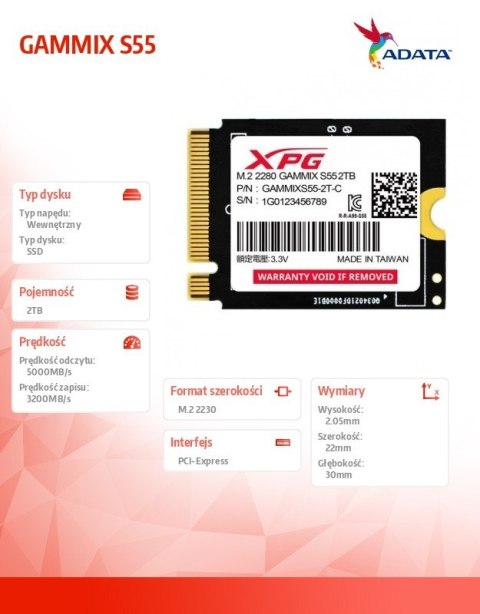 Adata Dysk SSD XPG GAMMIX S55 2TB PCIe 4x4 5/3.2GB/s M2230 Adata Dysk SSD XPG GAMMIX S55 2TB PCIe 4x4 5/3.2GB/s M2230