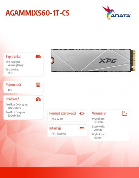 Adata Dysk SSD XPG S60 1TB PCIe 4x4 5/3.2GB/s M2 Adata Dysk SSD XPG S60 1TB PCIe 4x4 5/3.2GB/s M2