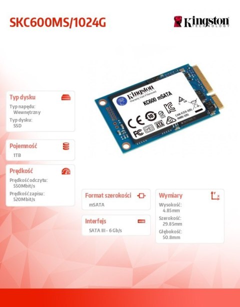 Kingston Dysk SSD SKC600 1024GB mSATA 550/520 MB/s Kingston Dysk SSD SKC600 1024GB mSATA 550/520 MB/s