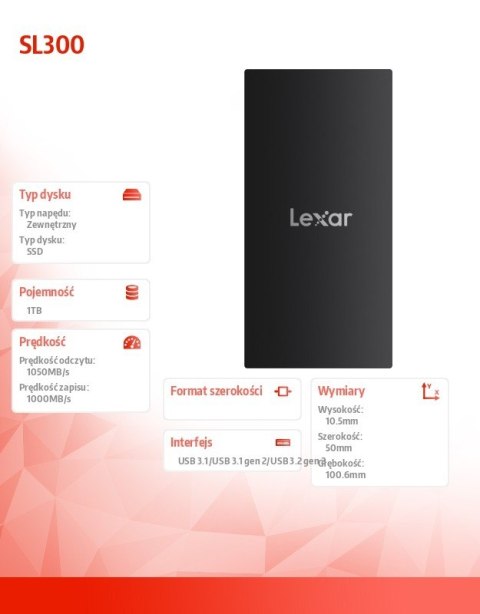 Lexar Dysk SSD SL300 1TB USB 3.2 Gen2 1050/1000MB/s