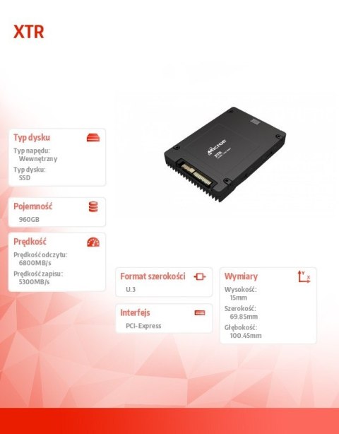 Micron Dysk SSD XTR 960GB NVMe U.3 15mm 30DWPD Single Pack Micron Dysk SSD XTR 960GB NVMe U.3 15mm 30DWPD Single Pack