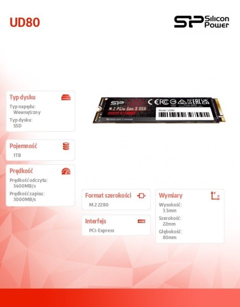 Silicon Power Dysk SSD UD80 1TB PCIe M.2 2280 Gen 3x4 3400/3000 MB/s Silicon Power Dysk SSD UD80 1TB PCIe M.2 2280 Gen 3x4 3400/3000 MB/s