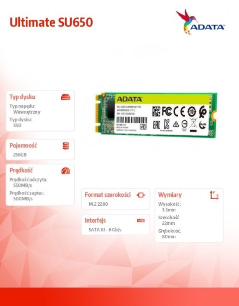 Adata Dysk SSD Ultimate SU650 256GB M.2 TLC 3D 2280 SATA Adata Dysk SSD Ultimate SU650 256GB M.2 TLC 3D 2280 SATA