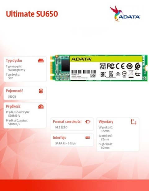 Adata Dysk SSD Ultimate SU650 512GB M.2 TLC 3D 2280 SATA Adata Dysk SSD Ultimate SU650 512GB M.2 TLC 3D 2280 SATA
