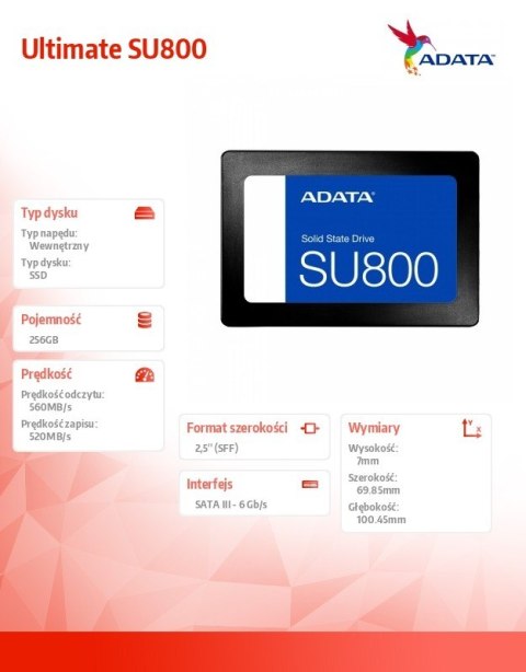 Adata Dysk SSD Ultimate SU800 256GB S3 560/520 MB/s TLC 3D Adata Dysk SSD Ultimate SU800 256GB S3 560/520 MB/s TLC 3D