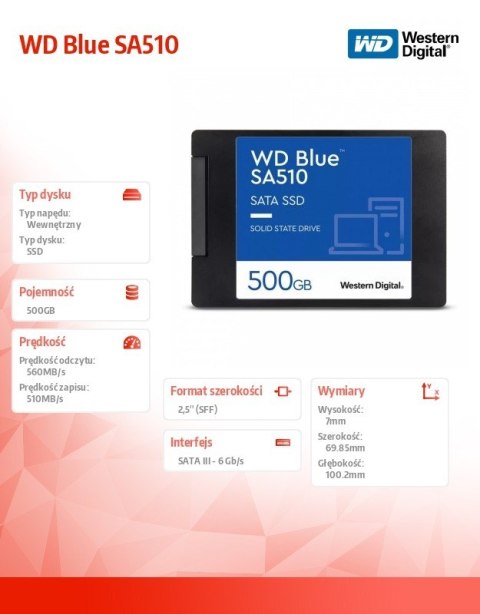 Western Digital Dysk SSD WD Blue 500GB SA510 2,5 cala WDS500G3B0A Western Digital Dysk SSD WD Blue 500GB SA510 2,5 cala WDS500G3B0A