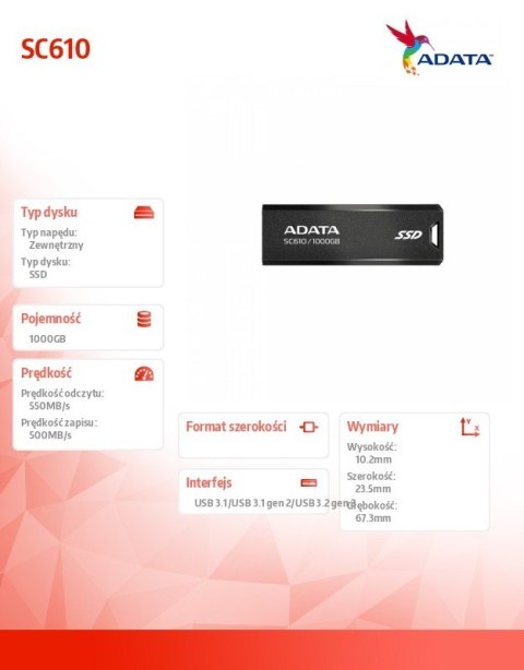 Adata Dysk SSD zewnętrzny SC610 1000 GB USB3.2A Gen2 czarny Adata Dysk SSD zewnętrzny SC610 1000 GB USB3.2A Gen2 czarny
