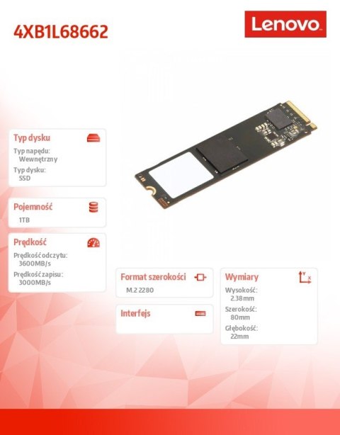 Lenovo Dysk ThinkCentre 1TB Value PCIe Gen4 NVMe OPAL 2.0 M.2 2280 SSD 4XB1L68662 Lenovo Dysk ThinkCentre 1TB Value PCIe Gen4 NVMe OPAL 2.0 M.2 2280 SSD 4XB1L68662