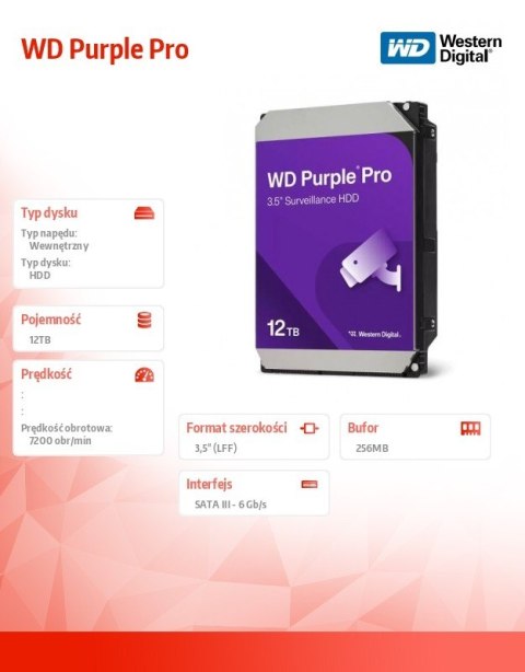 Western Digital Dysk twardy Purple Pro 12TB 3,5 256MB SATAIII Western Digital Dysk twardy Purple Pro 12TB 3,5 256MB SATAIII