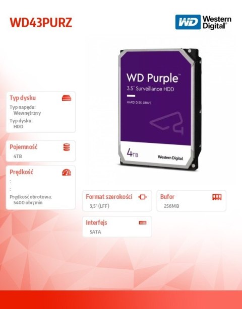 Western Digital Dysk twardy WD Purple 4TB 3,5 256 MB 5400RPM WD43PURZ Western Digital Dysk twardy WD Purple 4TB 3,5 256 MB 5400RPM WD43PURZ