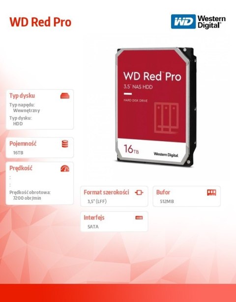 Western Digital Dysk twardy WD Red Pro 16TB 3,5 512MB SATAIII/7200rpm Western Digital Dysk twardy WD Red Pro 16TB 3,5 512MB SATAIII/7200rpm