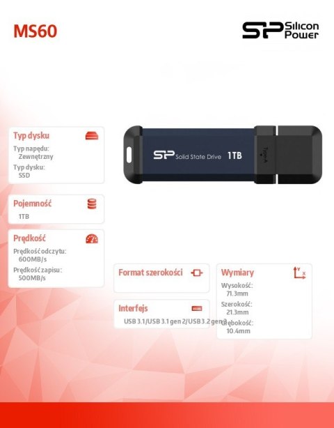 Silicon Power Dysk zewnętrzny SSD MS60 1TB USB 3.2 600/500MB/s Silicon Power Dysk zewnętrzny SSD MS60 1TB USB 3.2 600/500MB/s