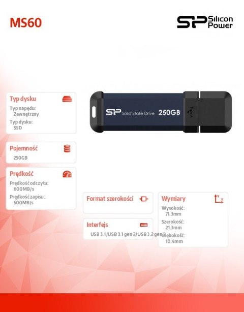 Silicon Power Dysk zewnętrzny SSD MS60 250GB USB 3.2 600/500MB/s Silicon Power Dysk zewnętrzny SSD MS60 250GB USB 3.2 600/500MB/s