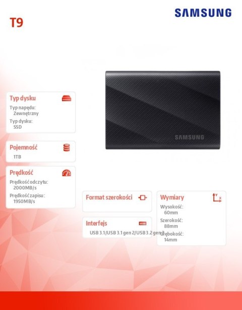 Samsung Dysk zewnętrzny SSD T9 1TB USB3.2 GEN.2 czarny Samsung Dysk zewnętrzny SSD T9 1TB USB3.2 GEN.2 czarny