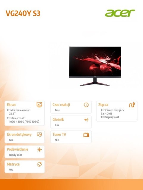 Acer Monitor 24 cale Nitro VG240YS3BMIIPX VA 180Hz VGA HDMIx2 GŁOŚNIK 1MS/250cd/m2/1000:1/100X100