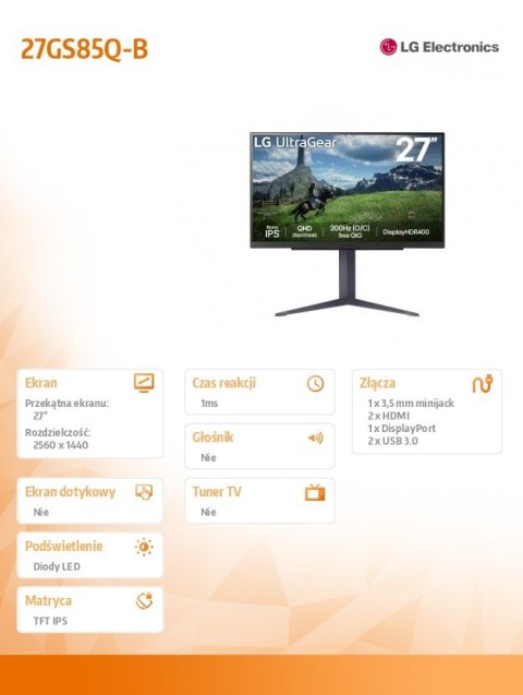 LG Electronics Monitor 27 cali 27GS85Q-B QHD UltraGear IPS 180 Hz (O/C 200Hz), 1ms, 400cd, HDMI, DP, USB, Pivot, HAS