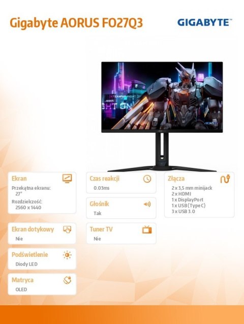 Gigabyte Monitor 27 cali FO27Q3 OLED 0,03/USB-C/HDMI/DP