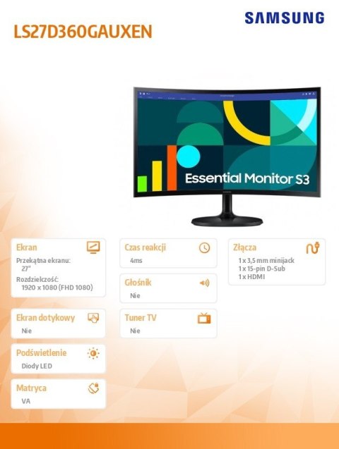 Samsung Monitor 27 cali S36GD VA 1920x1080 FHD 16:9 1xD-sub 1xHDMI 4 ms 100Hz zakrzywiony 1800R 2Yd2d (LS27D360GAUXEN) Samsung Monitor 27 cali S36GD VA 1920x1080 FHD 16:9 1xD-sub 1xHDMI 4 ms 100Hz zakrzywiony 1800R 2Yd2d (LS27D360GAUXEN)