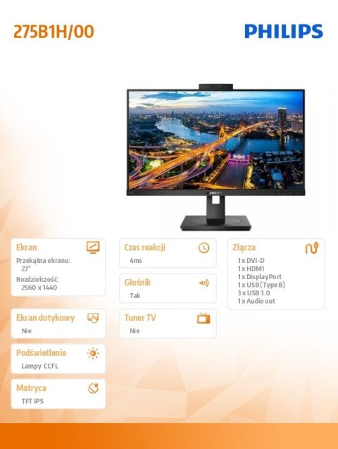 Philips Monitor 275B1H 27 cali IPS DVI HDMI DP Pivot Webcam Philips Monitor 275B1H 27 cali IPS DVI HDMI DP Pivot Webcam