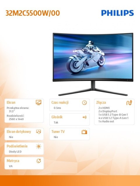 Philips Monitor 32M2C5500W 31.5 cala Zakrzywiony VA 240Hz HDMIx2 DPx2 HAS Głośniki