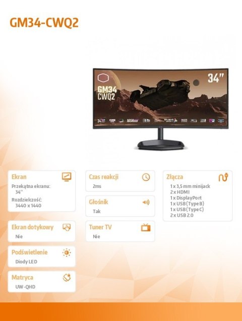 Cooler Master Monitor 34 cale GM34-CWQ2 UWQHD 180 Hz HDMI DP USB-C USB-B kontrola wysokości 0-80 mm Głośnik