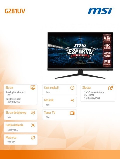 MSI Monitor G281UV 27.9 cala IPS/ LED/UHD/NonT/60Hz/4ms MSI Monitor G281UV 27.9 cala IPS/ LED/UHD/NonT/60Hz/4ms