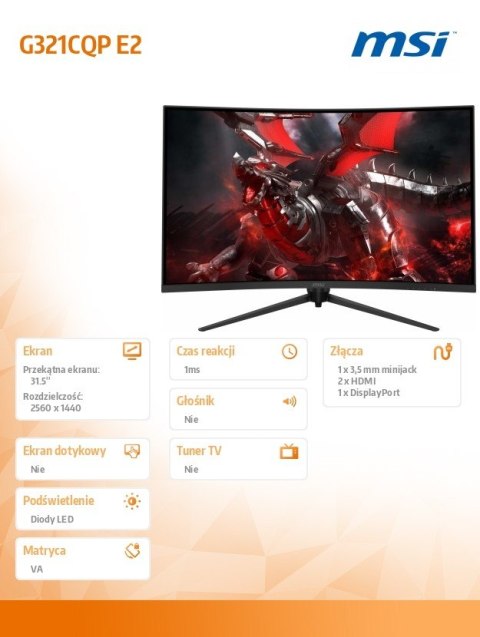 MSI Monitor G321CQP E2 31.5 cala Zakrzywiony/QHD/VA/170Hz