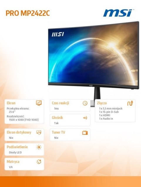 MSI Monitor PRO MP2422C 23.6 cala VA/FHD/1ms/100Hz/Zakrzywiony