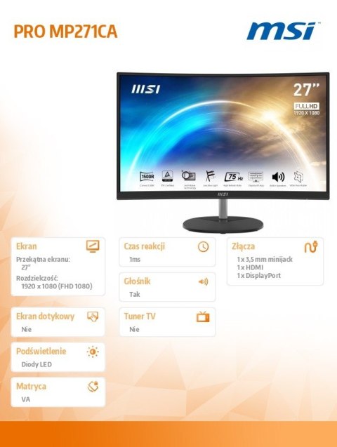 MSI Monitor PRO MP271CA 27 cali FHD/75Hz/1ms/Zakrzywiony