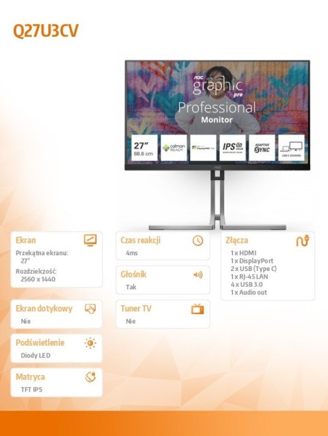 AOC Monitor Q27U3CV 27 cali IPS QD HDMI DP USB-C RJ45 KVM