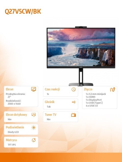 AOC Monitor Q27V5CW 27 cali IPS HDMI DP USB-C Pivot Kamera