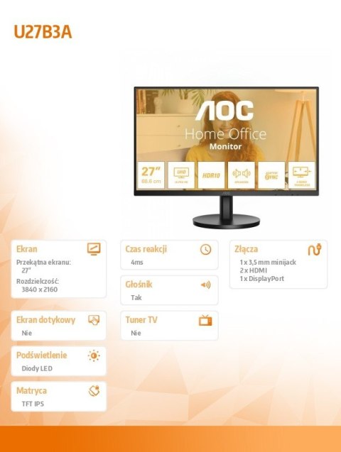AOC Monitor U27B3A 27 cali IPS 4K HDMIx2 DP Głośniki
