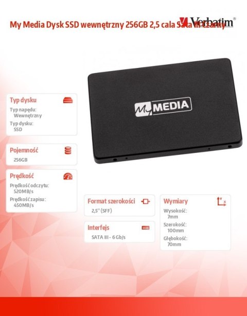 Verbatim My Media Dysk SSD wewnętrzny 256GB 2,5 cala Sata III Czarny Verbatim My Media Dysk SSD wewnętrzny 256GB 2,5 cala Sata III Czarny