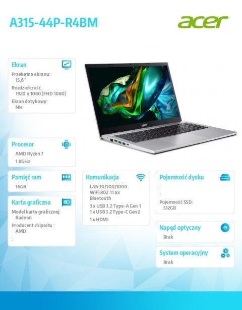 Acer Notebook Laptop Aspire 3 A315-44P-R4BM R7 5700U/15,6 FHD/16GB/512GB/DOS