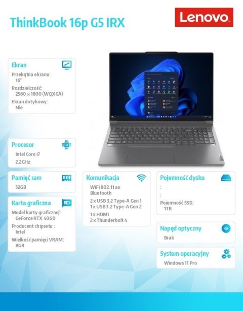 Lenovo Notebook ThinkBook 16p G5 21N5001QPB W11Pro i7-14650HX/32GB/1TB/RTX 4060 8GB/16 cali WUXGA/Storm Grey/3YRS OS + CO2 Offset