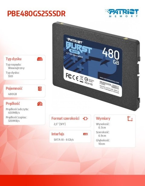 Patriot SSD 480GB Burst Elite 450/320MB/s SATA III 2.5 Patriot SSD 480GB Burst Elite 450/320MB/s SATA III 2.5