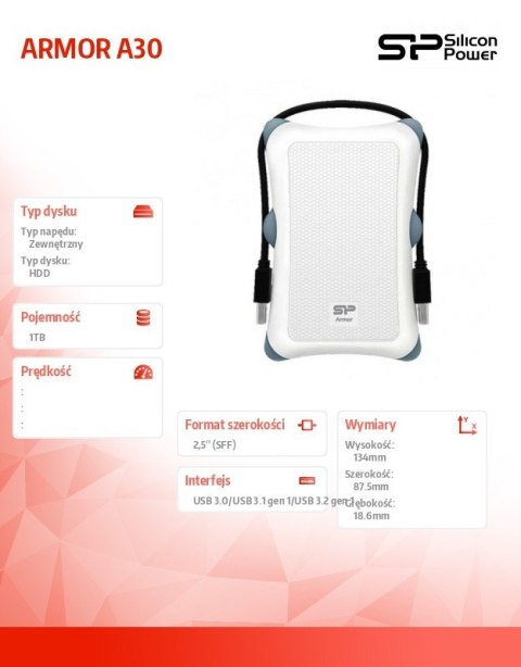Silicon Power Zewnętrzny dysk HDD ARMOR A30 1TB USB 3.2 biały pancerny wstrząsoodporny Silicon Power Zewnętrzny dysk HDD ARMOR A30 1TB USB 3.2 biały pancerny wstrząsoodporny