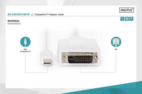 Digitus Kabel adapter Displayport 1080p 60Hz FHD Typ miniDP/DVI-D (24+1) M/M biały 2m Digitus Kabel adapter Displayport 1080p 60Hz FHD Typ miniDP/DVI-D (24+1) M/M biały 2m