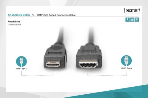 Digitus Kabel połączeniowy HDMI HighSpeed 1080p 60Hz FHD Typ HDMI A/HDMI C M/M 2m Czarny