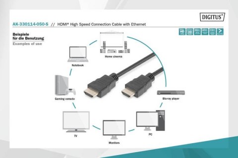 Digitus Kabel połączeniowy HDMI HighSpeed z Ethernetem 1080p 60Hz FHD Typ HDMI A/HDMI A M/M 5m Czarny Digitus Kabel połączeniowy HDMI HighSpeed z Ethernetem 1080p 60Hz FHD Typ HDMI A/HDMI A M/M 5m Czarny