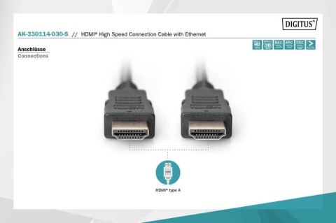 Digitus Kabel połączeniowy HDMI HighSpeed z Ethernetem 4K 24Hz UHD Typ HDMI A/HDMI A M/M 3m Czarny Digitus Kabel połączeniowy HDMI HighSpeed z Ethernetem 4K 24Hz UHD Typ HDMI A/HDMI A M/M 3m Czarny