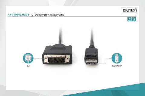 Digitus Kabel adapter Displayport z zatrzaskiem 1080p 60Hz FHD Typ DP/DVI-D (24+1) M/M 1m Czarny Digitus Kabel adapter Displayport z zatrzaskiem 1080p 60Hz FHD Typ DP/DVI-D (24+1) M/M 1m Czarny