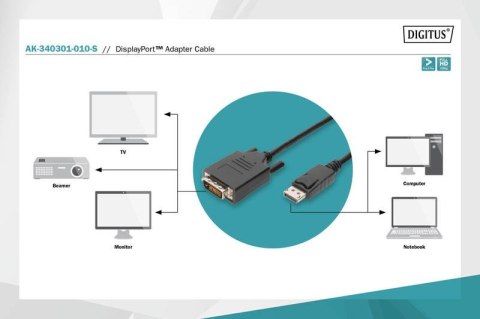Digitus Kabel adapter Displayport z zatrzaskiem 1080p 60Hz FHD Typ DP/DVI-D (24+1) M/M 1m Czarny Digitus Kabel adapter Displayport z zatrzaskiem 1080p 60Hz FHD Typ DP/DVI-D (24+1) M/M 1m Czarny