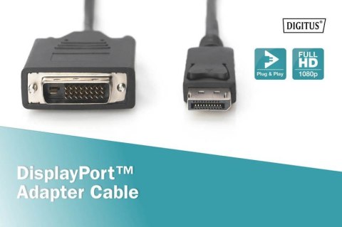 Digitus Kabel adapter Displayport z zatrzaskiem 1080p 60Hz FHD Typ DP/DVI-D (24+1) M/M czarny 2m Digitus Kabel adapter Displayport z zatrzaskiem 1080p 60Hz FHD Typ DP/DVI-D (24+1) M/M czarny 2m